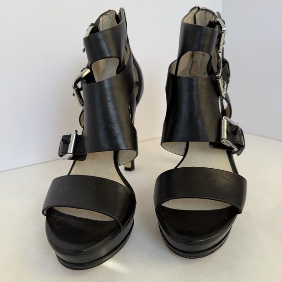 Michael Kors Lucinda Black Leather Zip Back Open Toe Heels Shoes - Picture 6 of 15